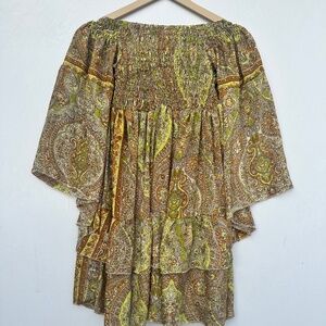 Boho Paisley Smocked Tunic Top: Silk Blend Peasant Blouse. Off-Shoulder Peasant
